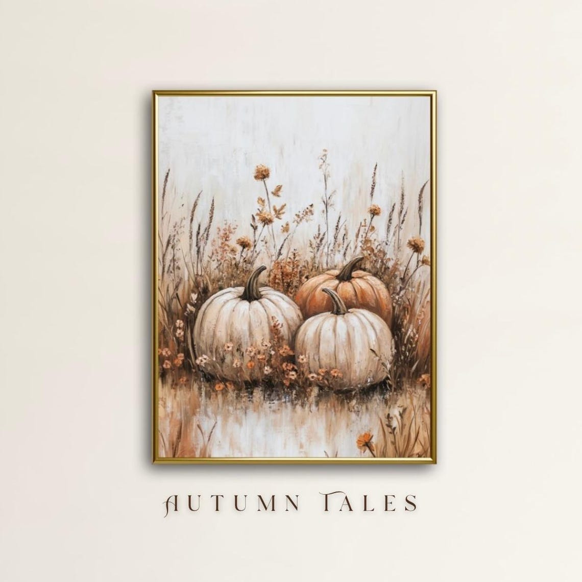 White and Orange Pumpkins in Tall Wheat Grass Autumn Field Wall Art