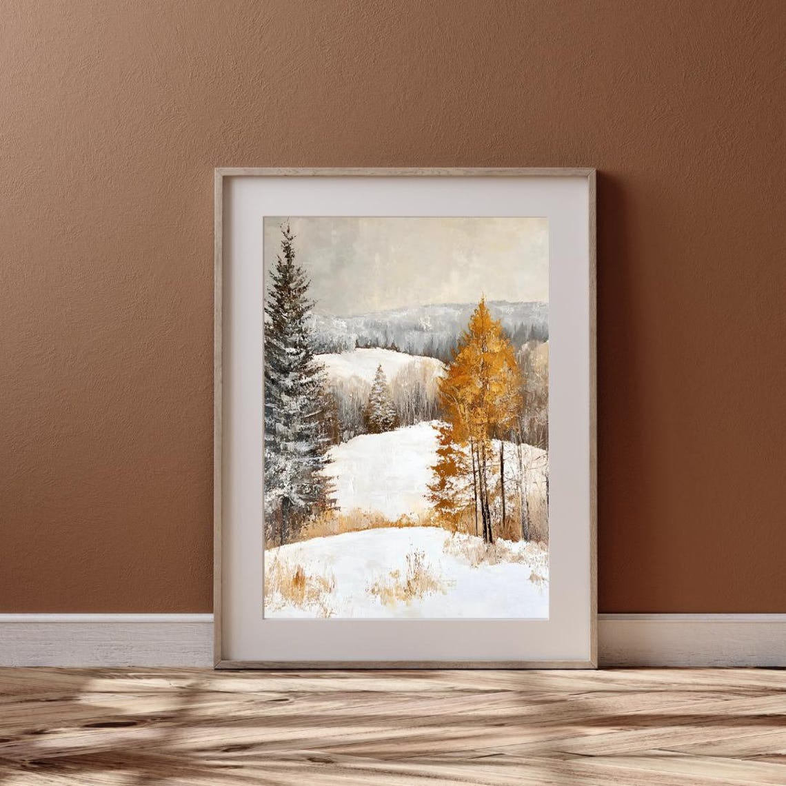 Snowy Winter Forest With Evergreen And Golden Tree Art Print - Image 4