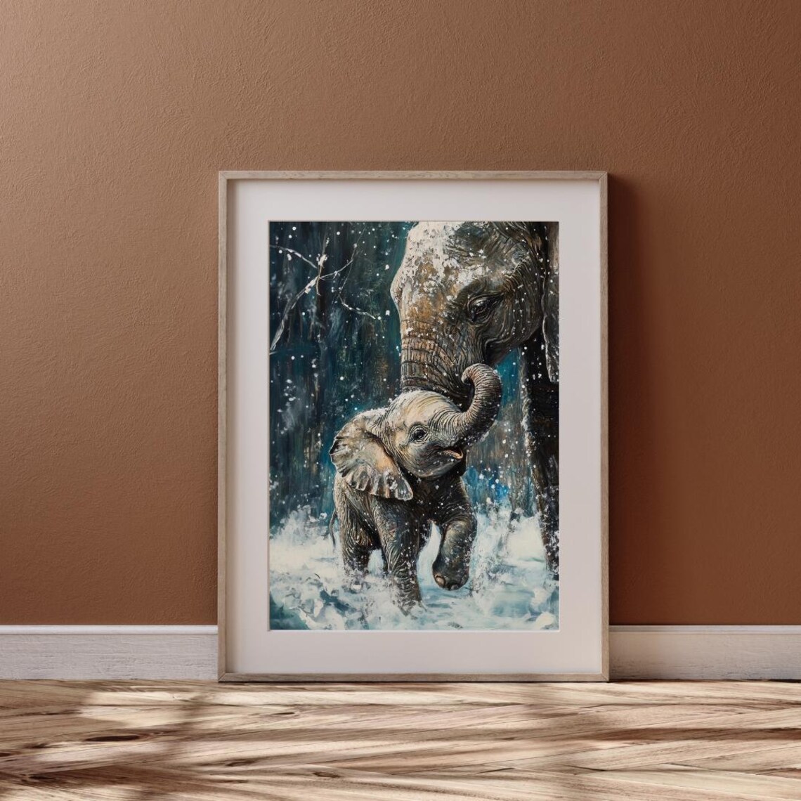 Baby Elephant With Mother In Snowy Forest Playful Wildlife Art Poster - Image 6