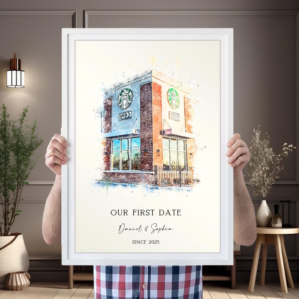Custom Watercolor Starbucks First Date Portrait Anniversary Poster