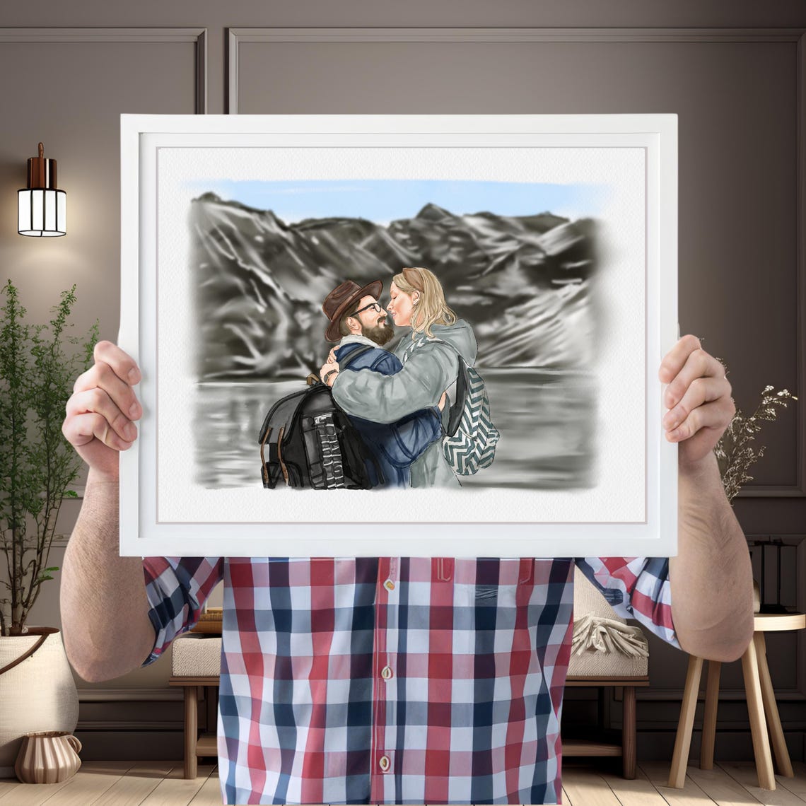Custom Watercolor Couple Portrait From Photo Mountain Embrace Wall Art