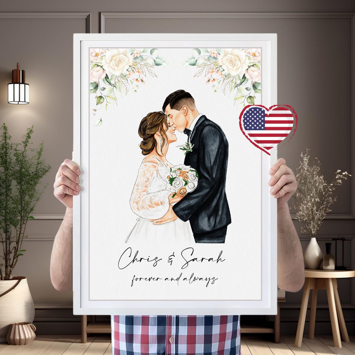 Personalized Watercolor Wedding Kiss Portrait US Heart Framed Wall Art