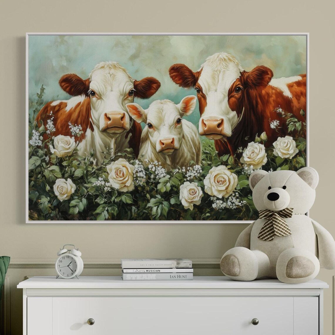 Cow Family Portrait White Roses Whimsical Farmhouse Floral Art Poster