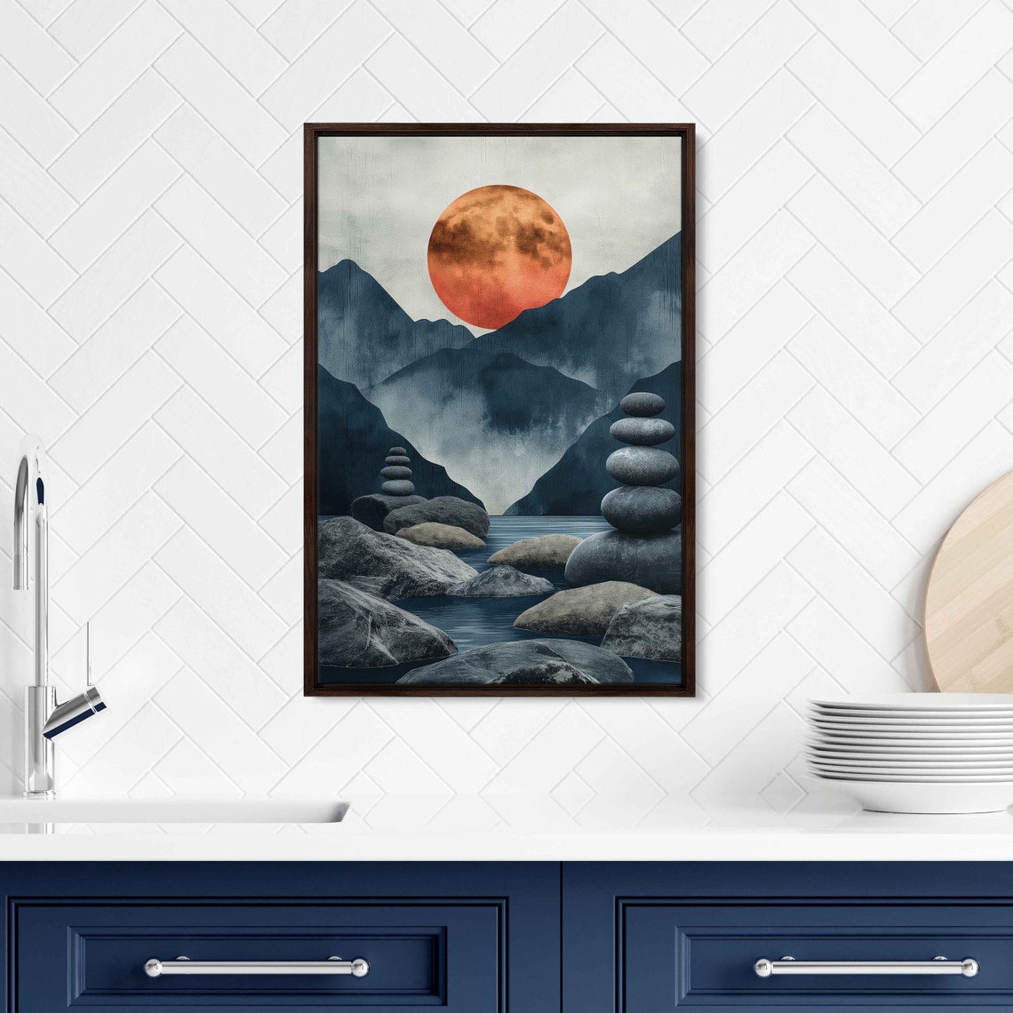 Burnt Orange Full Moon Over River Stones Blue Mountains Zen Art Print - Image 2