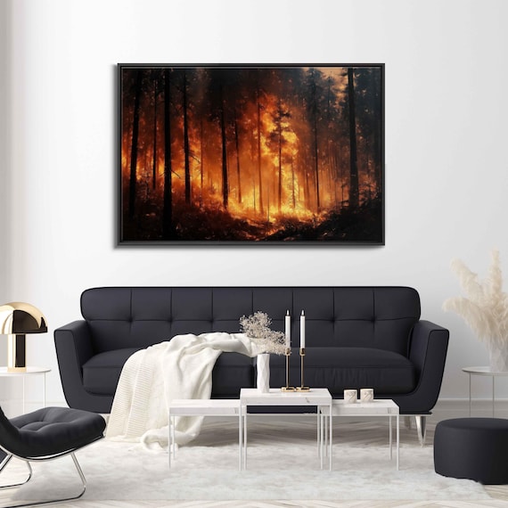Burning Forest At Dusk Wall Art Print Emotional Oil Painting Chaotic Brushstrokes Urgency