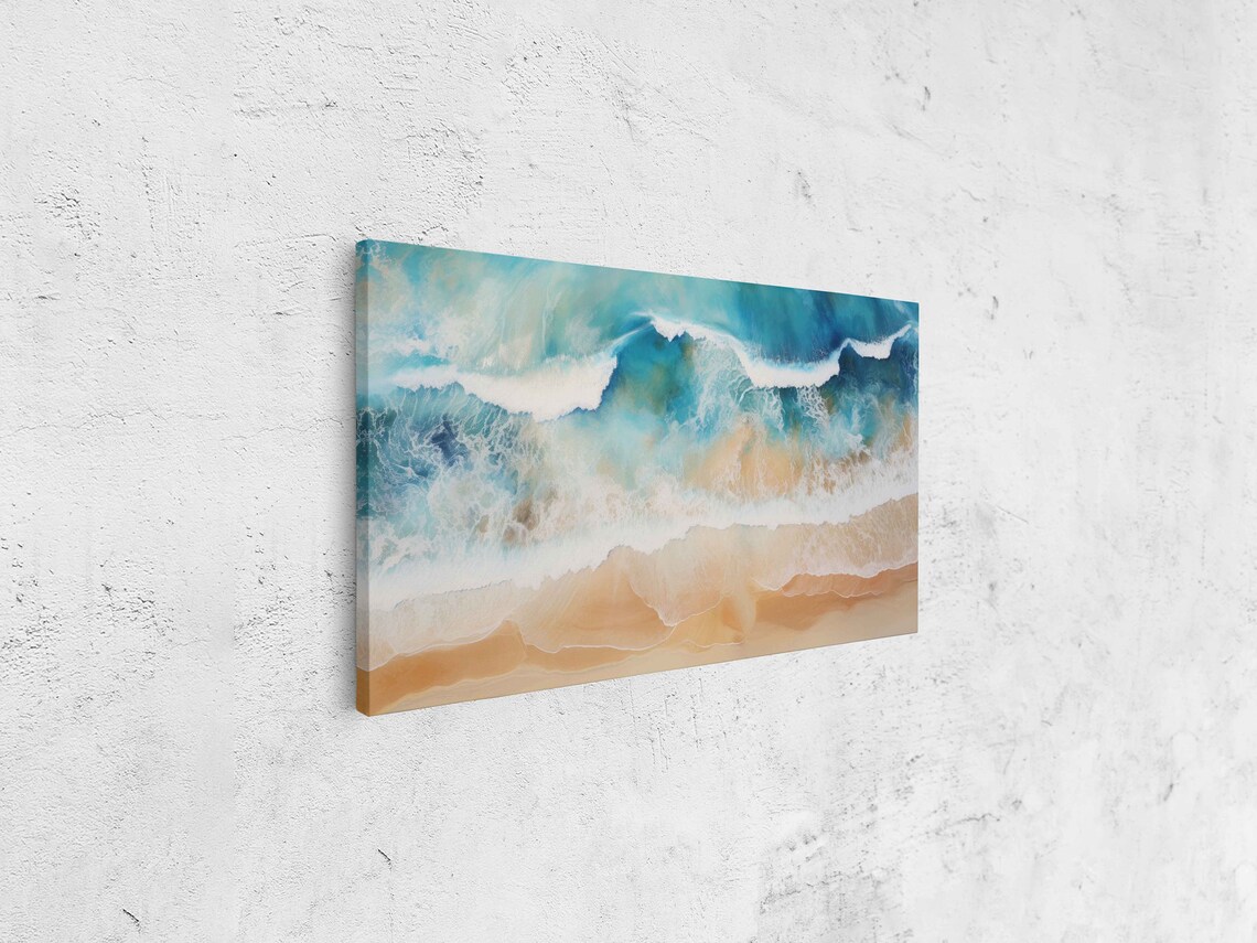 Aerial Beach Waves Crashing White Foam Soft Turquoise Sea Panoramic Poster - Image 4