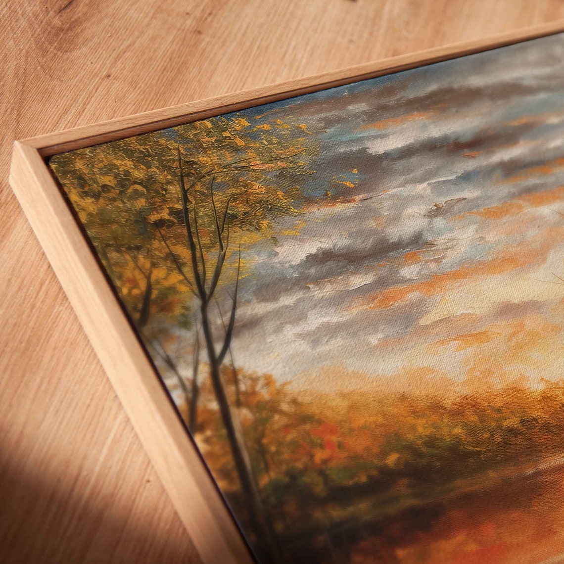 Wooden Canoe Filled With Leaves On Autumn River At Sunset Poster - Image 2