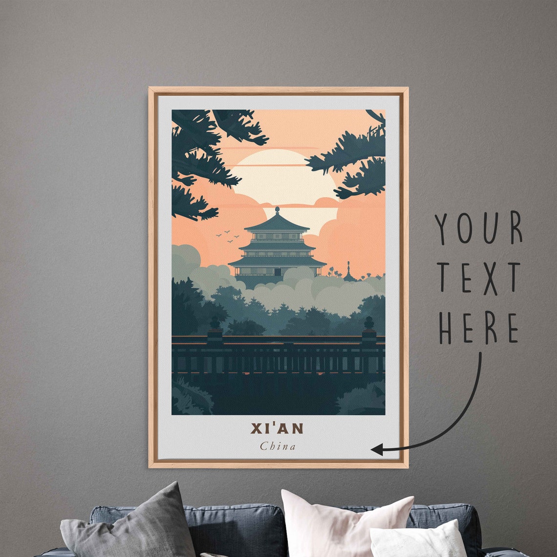 Xian China Tiered Pagoda Peach Sunset Pine Silhouette Travel Poster