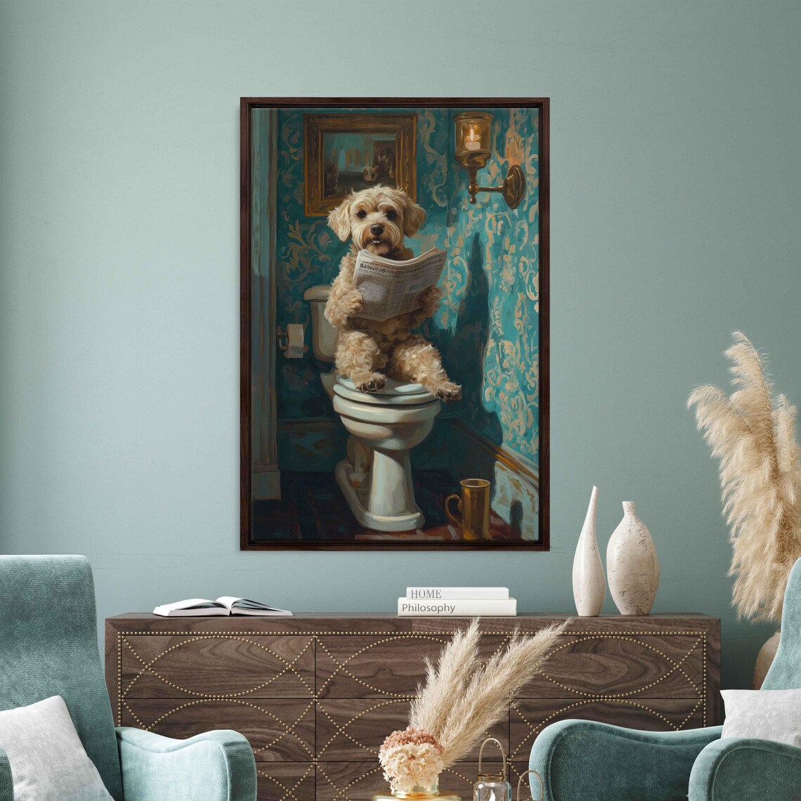 Whimsical Dog Reading Newspaper, Vintage Bathroom Decor