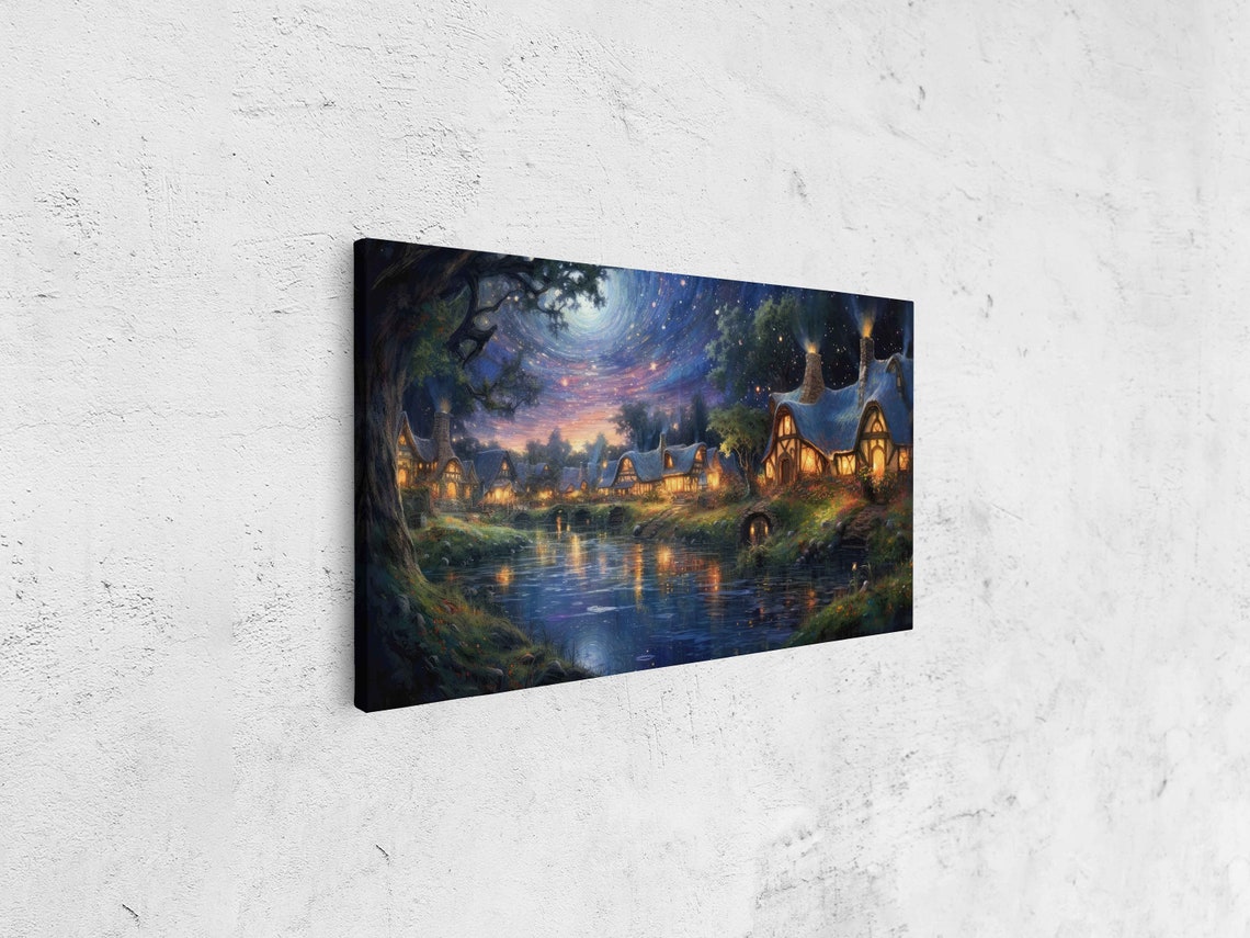 Starry Sky Cosmic Enchanted Village Painting Framed Print Ready To Hang - Image 4