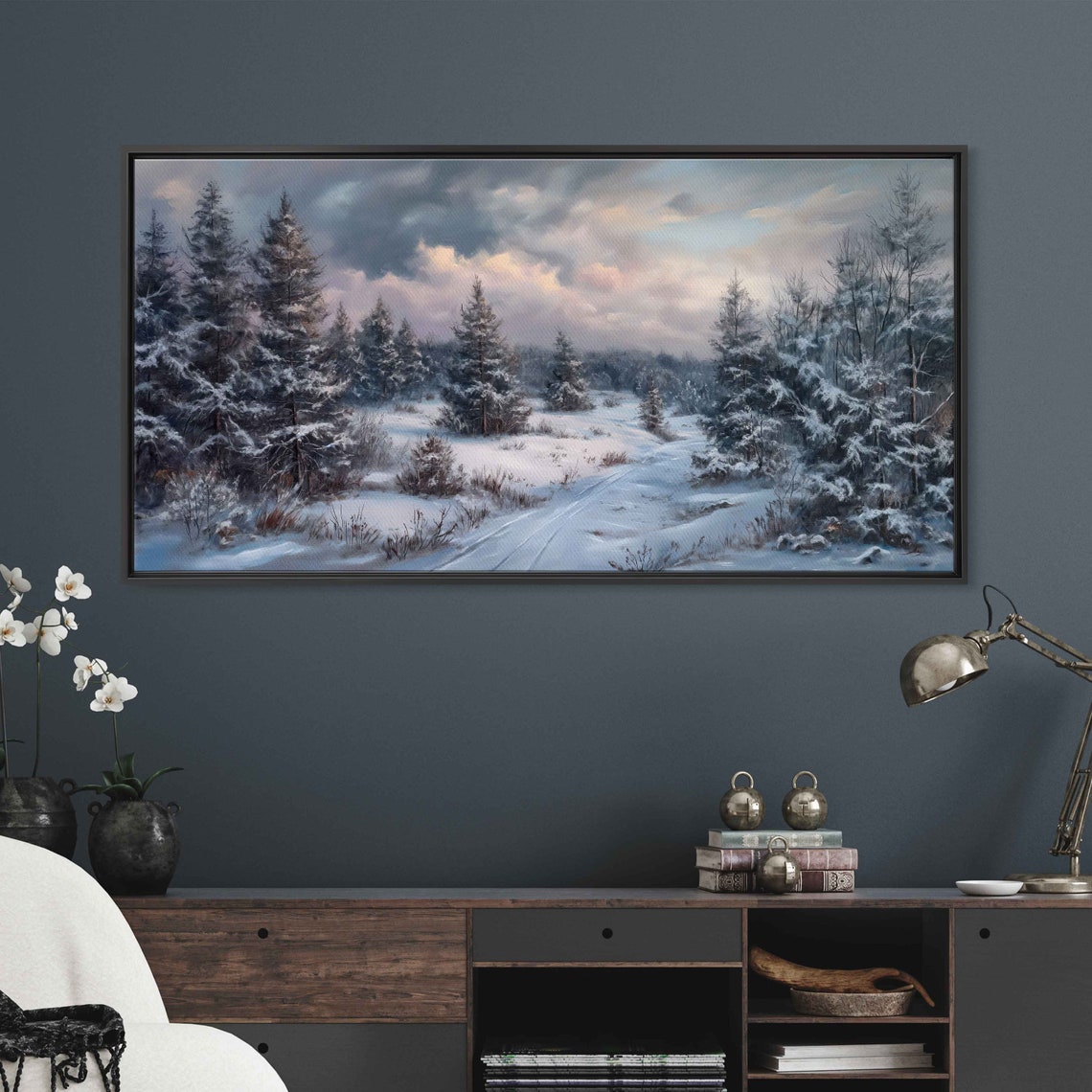 Snowy Winter Forest Path Pine Trees Cloudy Sky Landscape Poster - Image 2