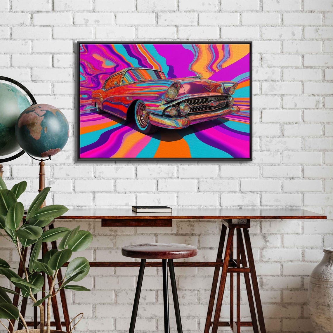 Psychedelic Pop Art 1950s Classic Car With Rainbow Swirl Art Poster - Image 3