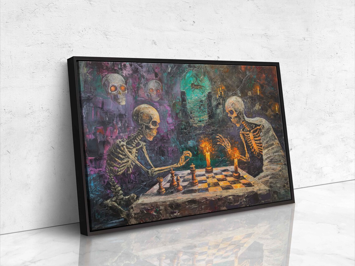 Skeletons Playing Chess Candlelit Crypt Haunted Skull Halloween Poster - Image 4