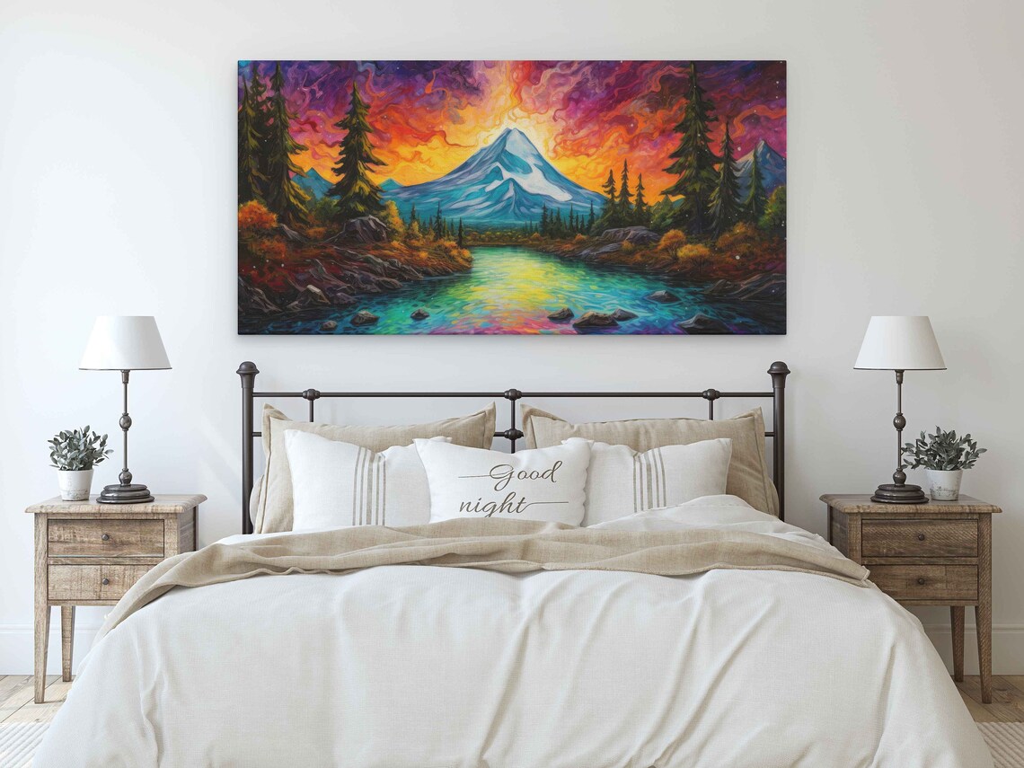 Colorful Neon Volcano Painting Framed Print Ready To Hang Mountain Range Art - Image 3