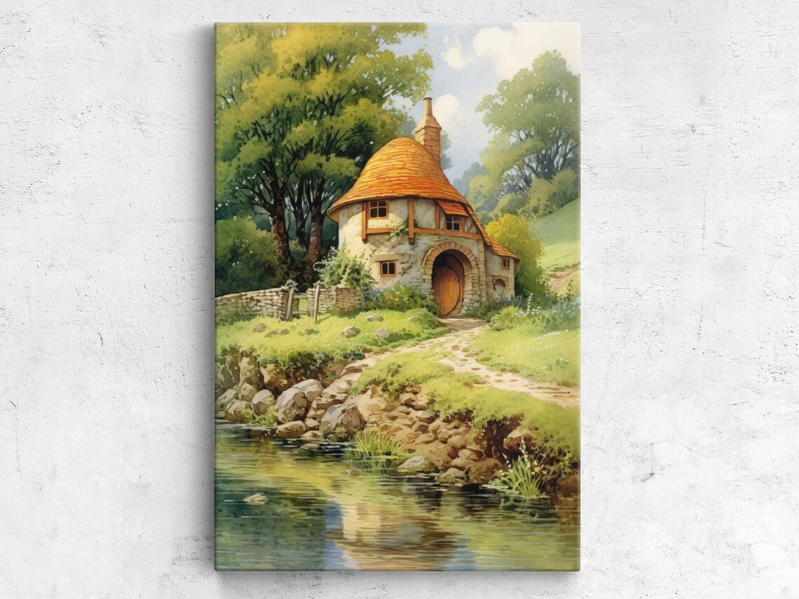 Storybook Stone Cottage River Orange Roof Fairytale Wall Art