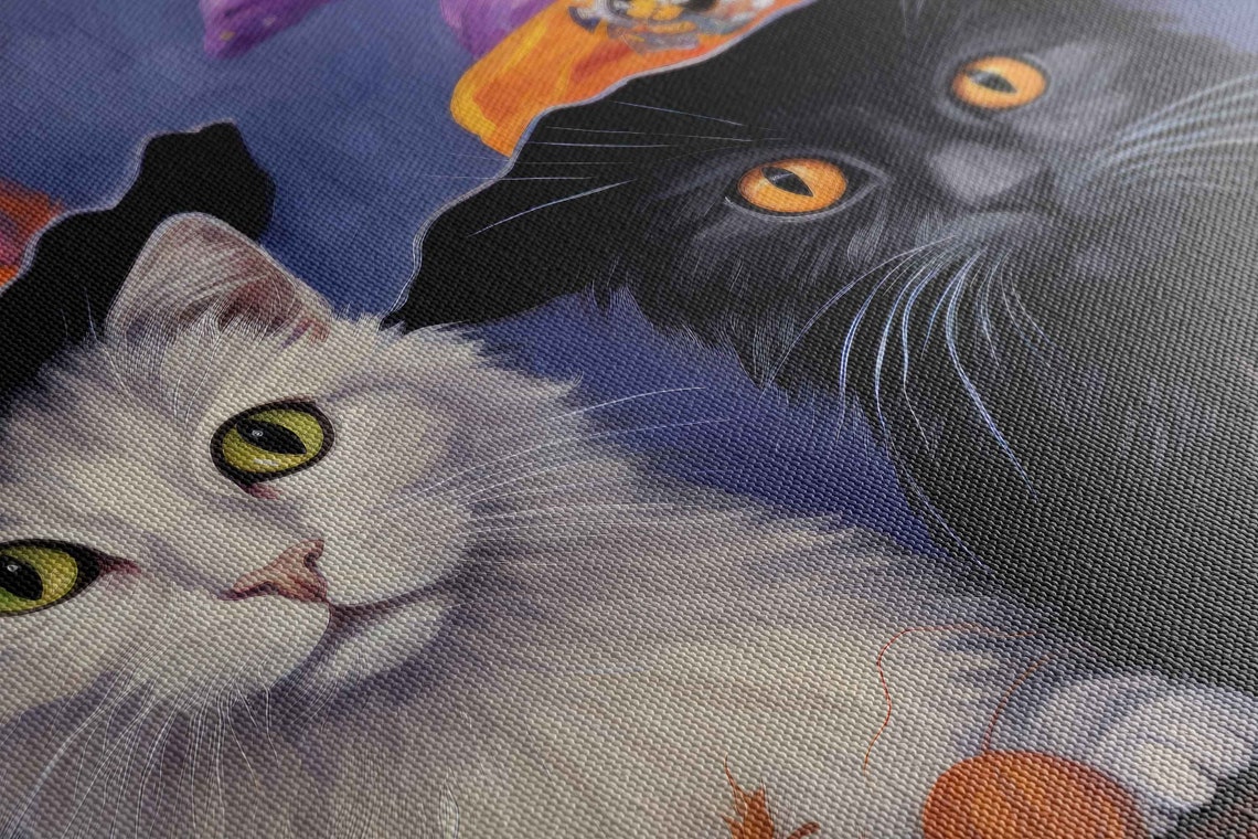 Cute Halloween Cat Wizards Oil Painting Framed Reproduction Print Ready To Hang - Image 2