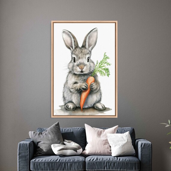 Cute Gray Baby Bunny Holding Carrot Watercolor Art Kids Room Wall Poster