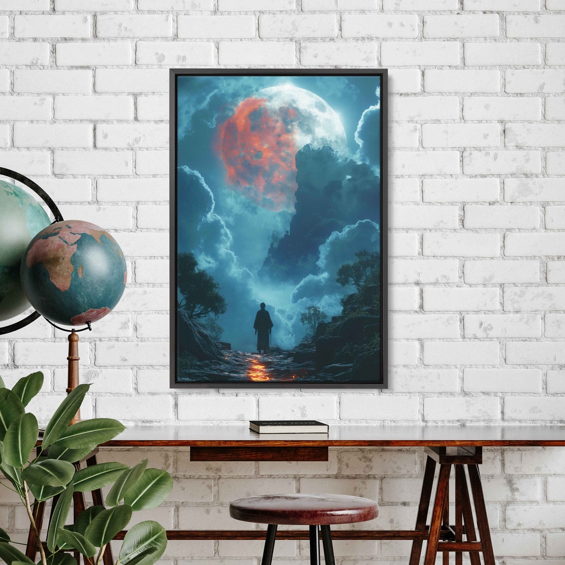 Cloaked Figure Under Red And Blue Moon Dark Forest Path Poster - Image 4