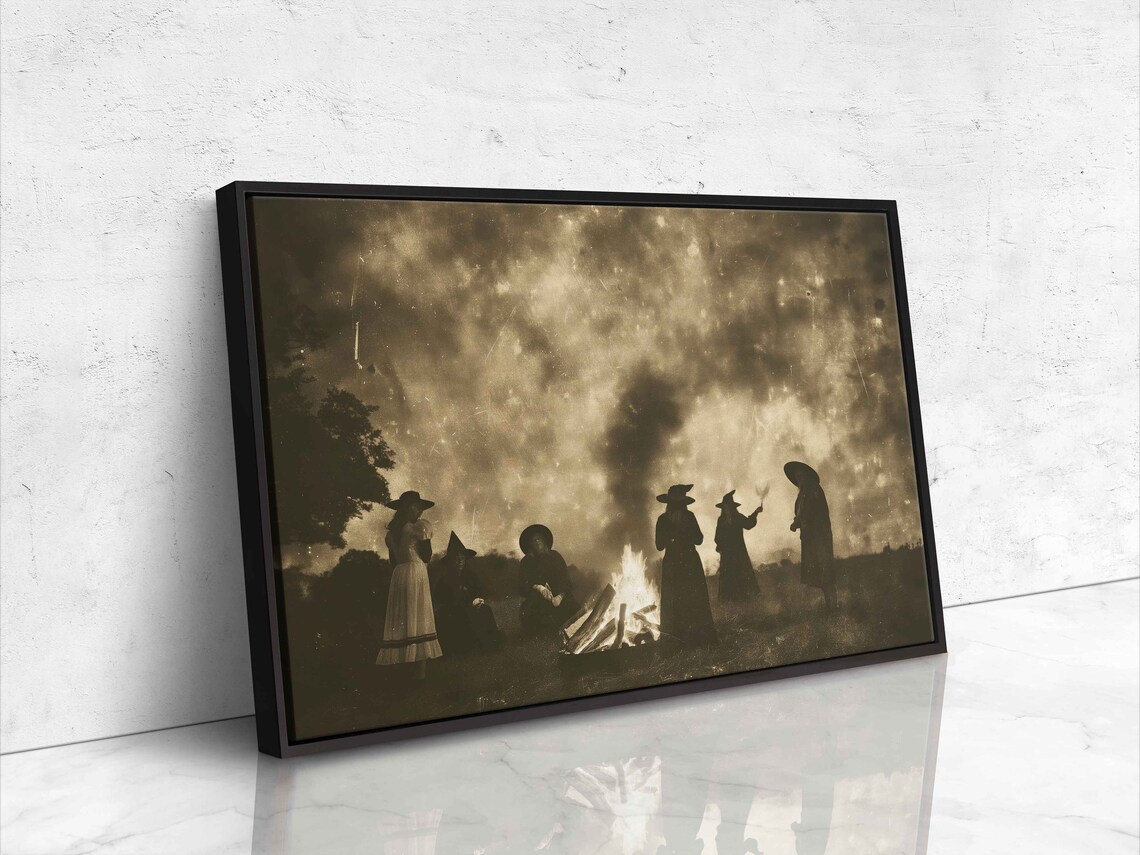 Vintage Witches Gathering Around Bonfire Casting Spells Halloween Print - Image 4