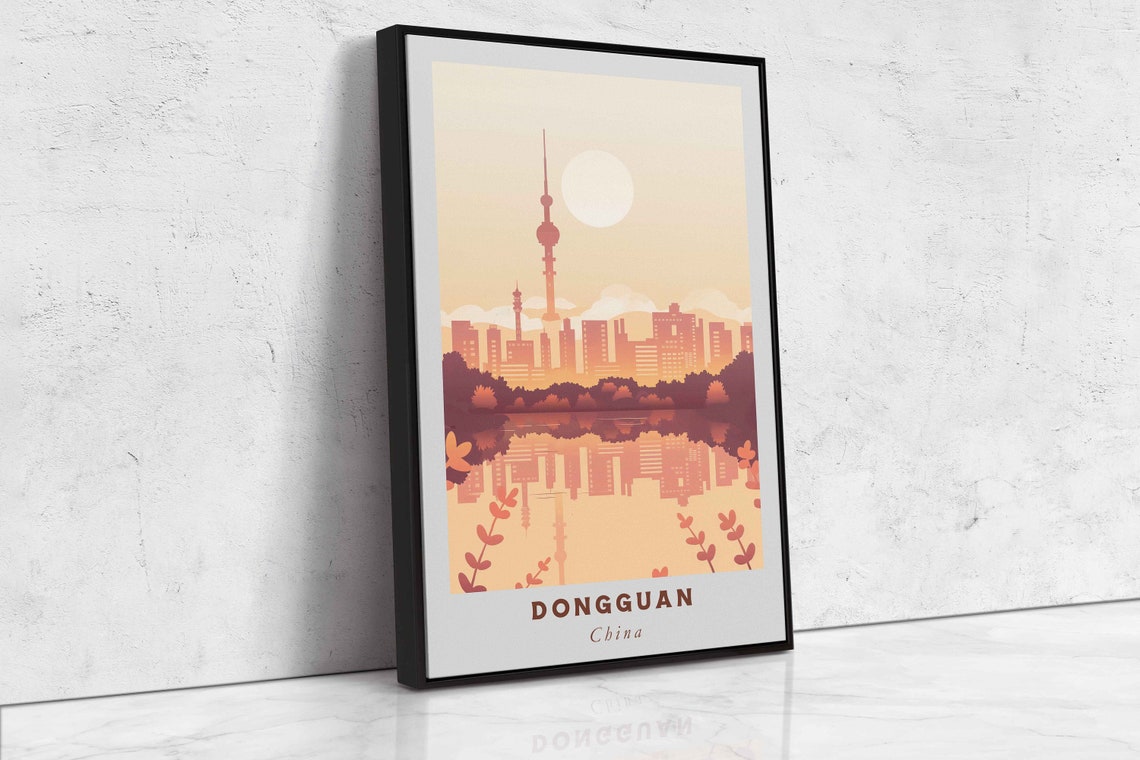 Dongguan China Sunset Skyline Tower Water Reflection Travel Poster - Image 2