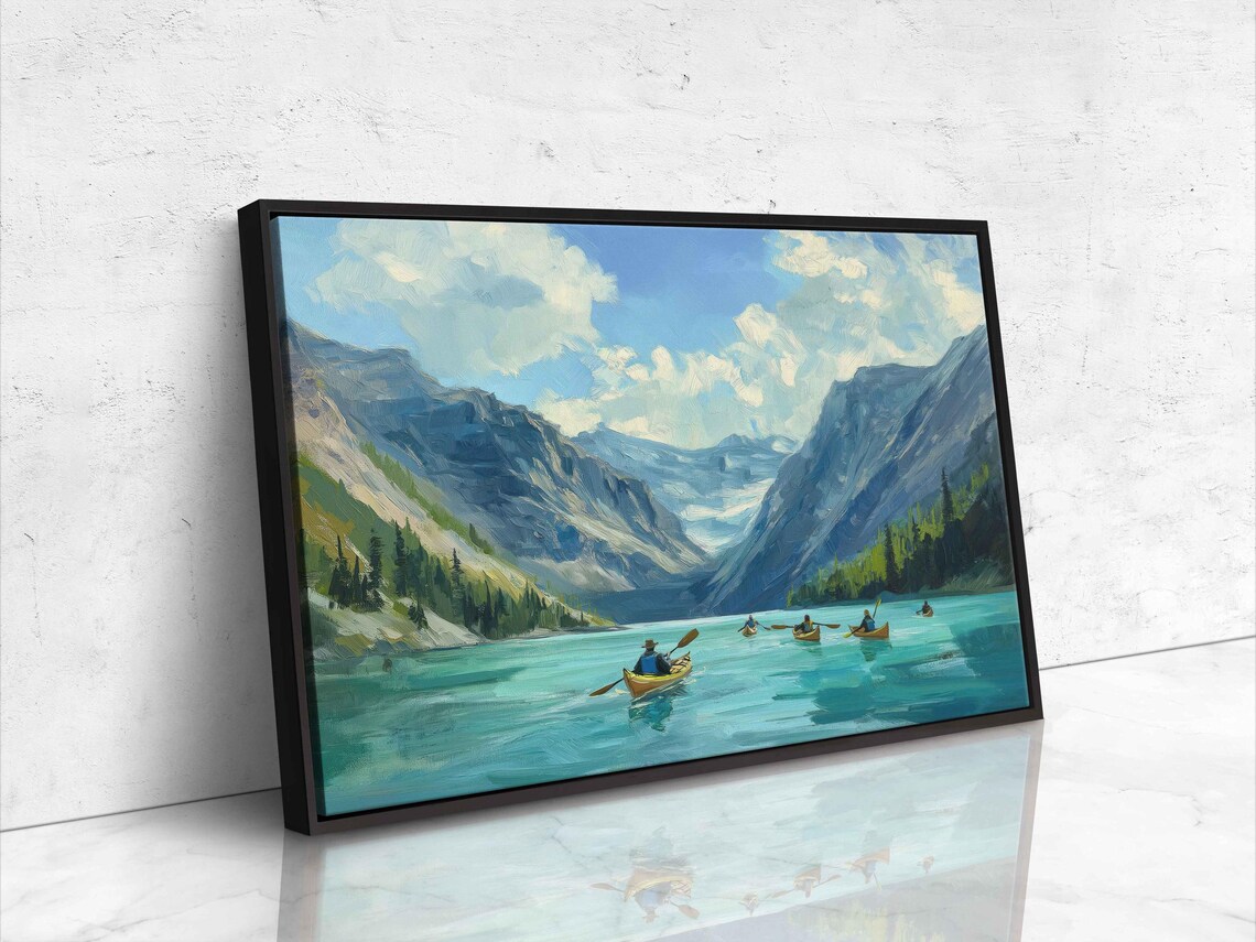Kayakers On Serene Lake, Landscape Art Print - Image 4