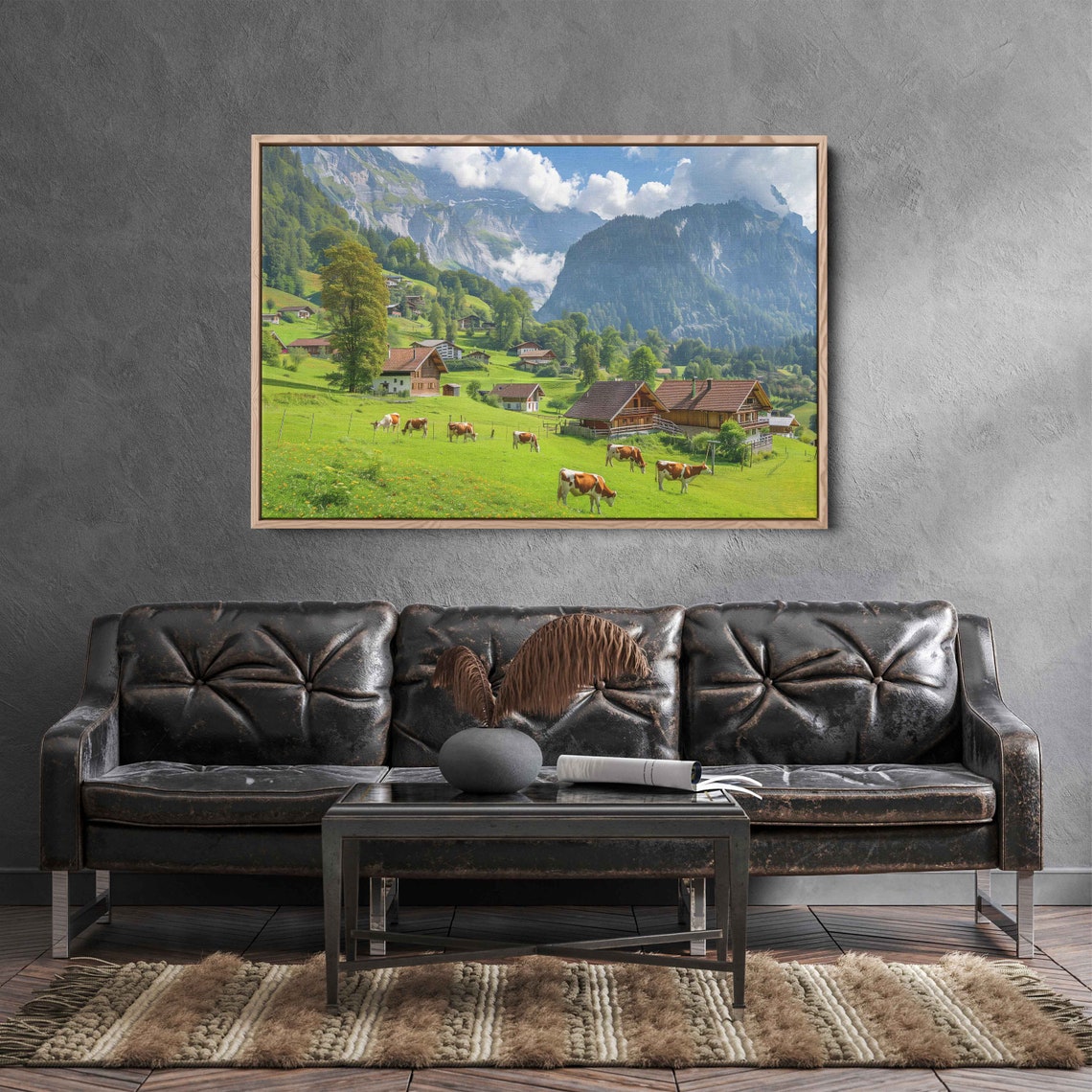 Alpine Village With Grazing Cows Mountain Chalets Summer Meadow Poster - Image 3