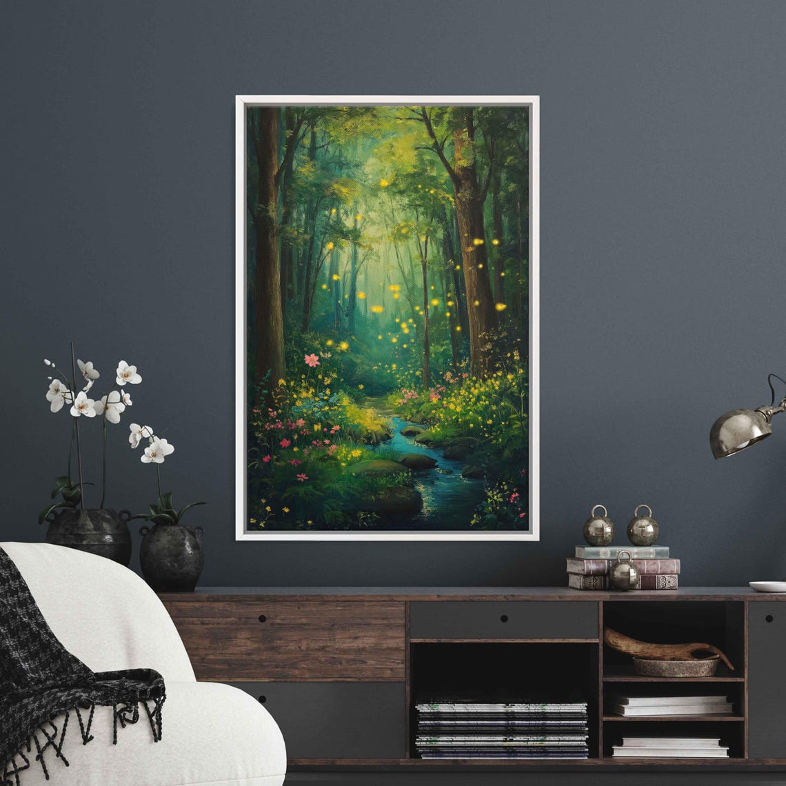 Enchanted Forest Stream With Fireflies And Wildflowers Painting Poster