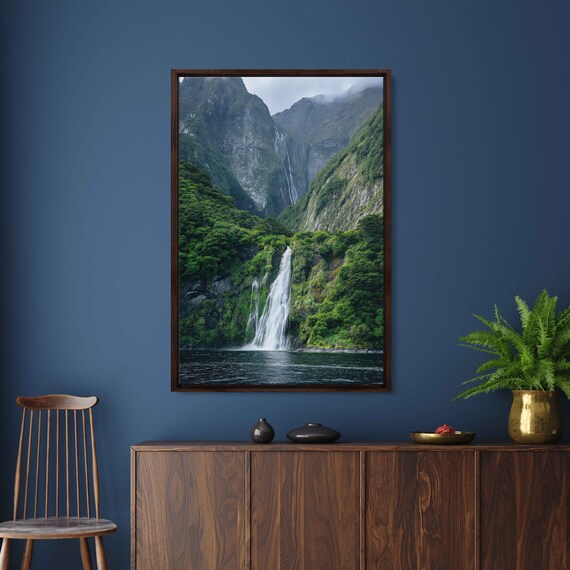 Serene Waterfall Lush Greenery Tranquil Lake Mountain Range Cloudy Skies Wall Art Print Ready To Hang