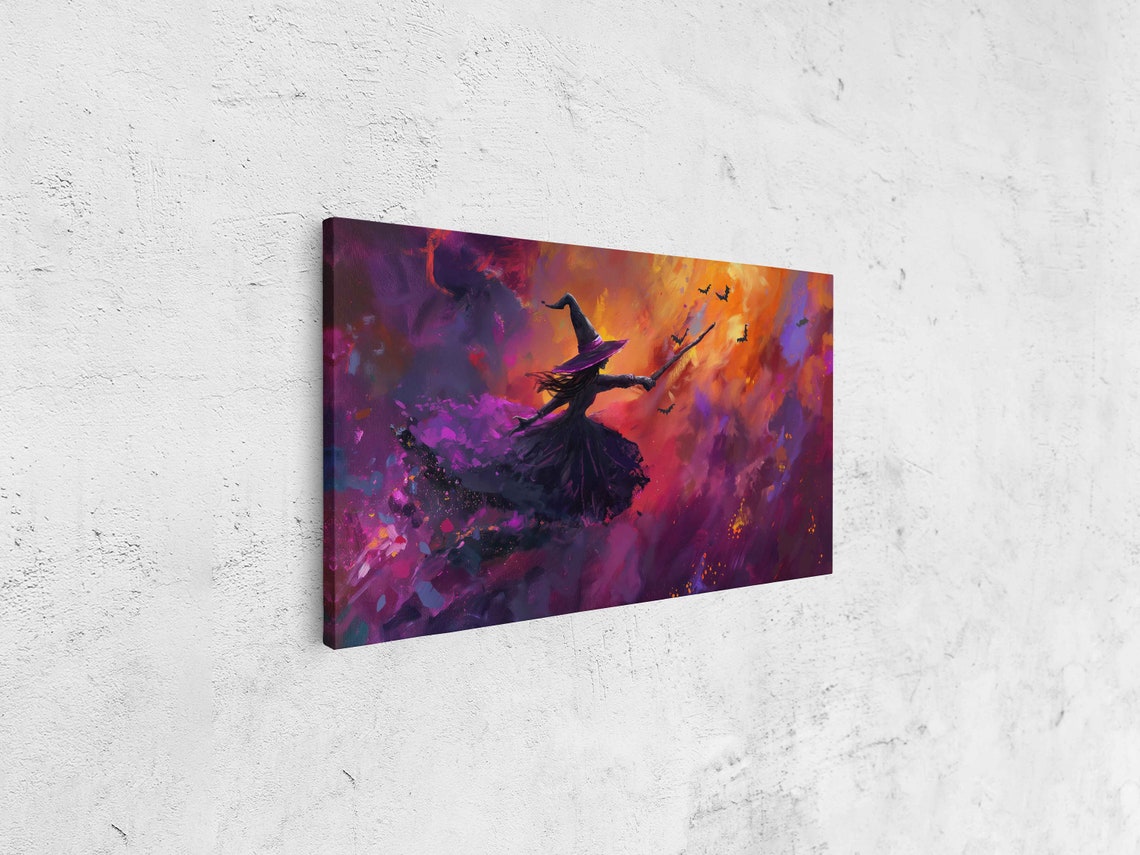 Witch Flying Broomstick Through Vibrant Night Sky Bats Halloween Print - Image 4