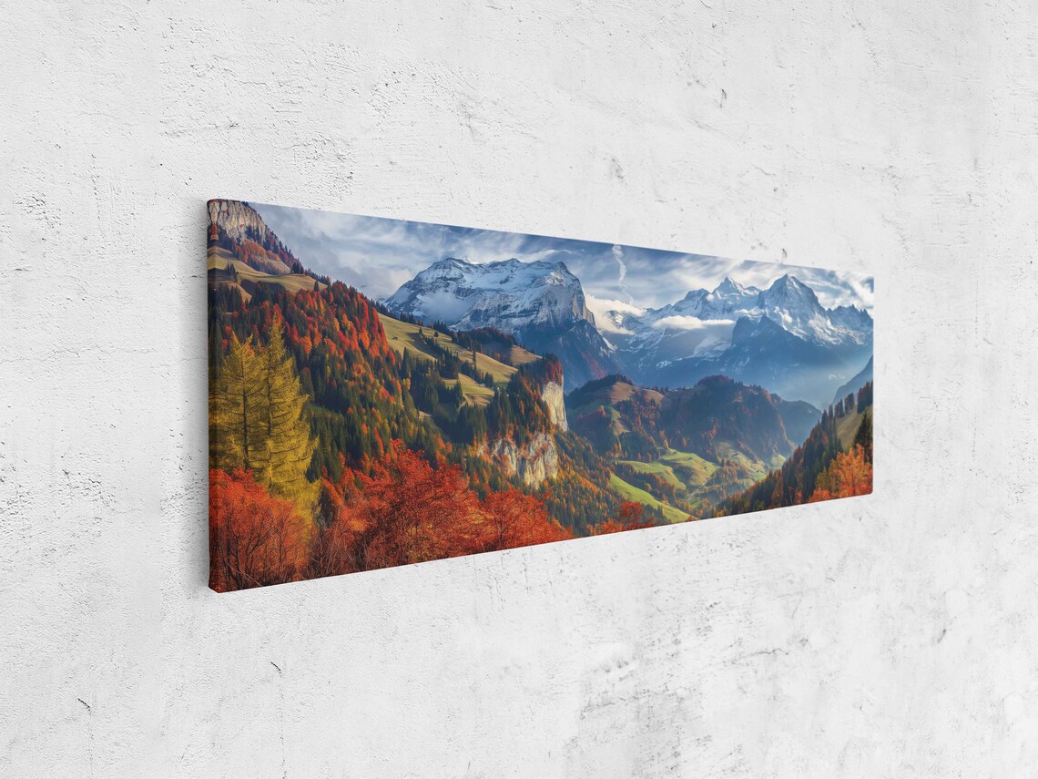 Swiss Alps Autumn Snow Peaks Fiery Fall Forest Panoramic Travel Poster - Image 4