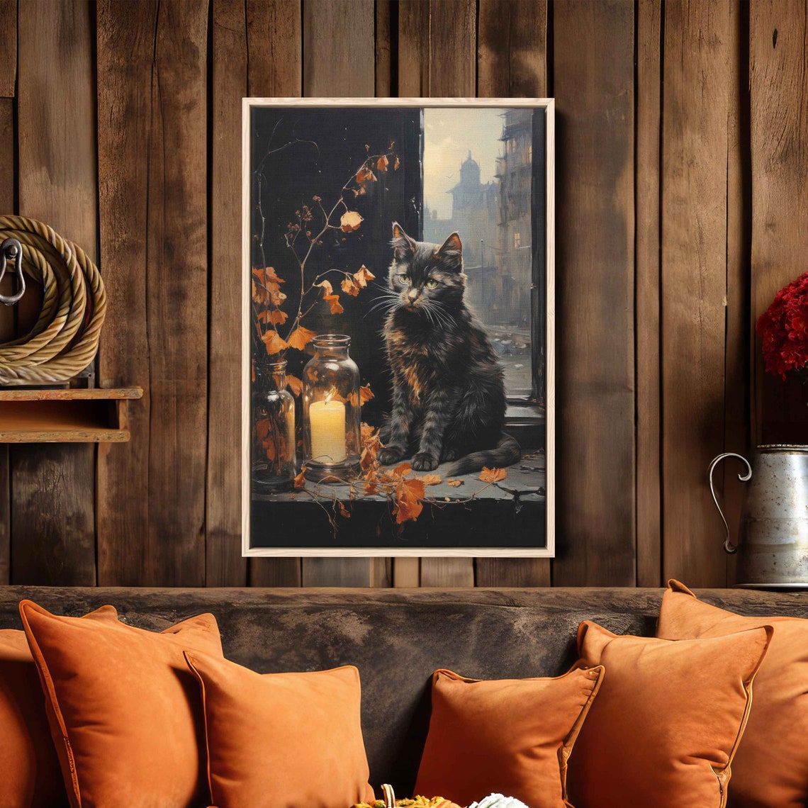 Black Cat On Windowsill Candle Autumn Leaves Cozy Painting Print - Image 2