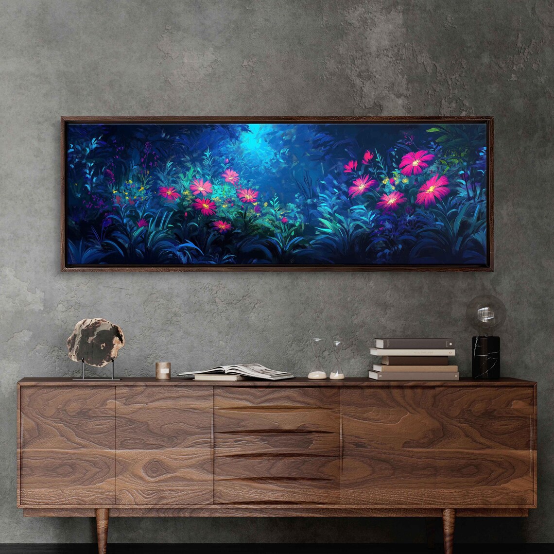 Glowing Neon Flower Garden Electric Blue Night Blooms Art Poster