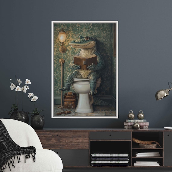 Whimsical Alligator Reading On Toilet Art Print