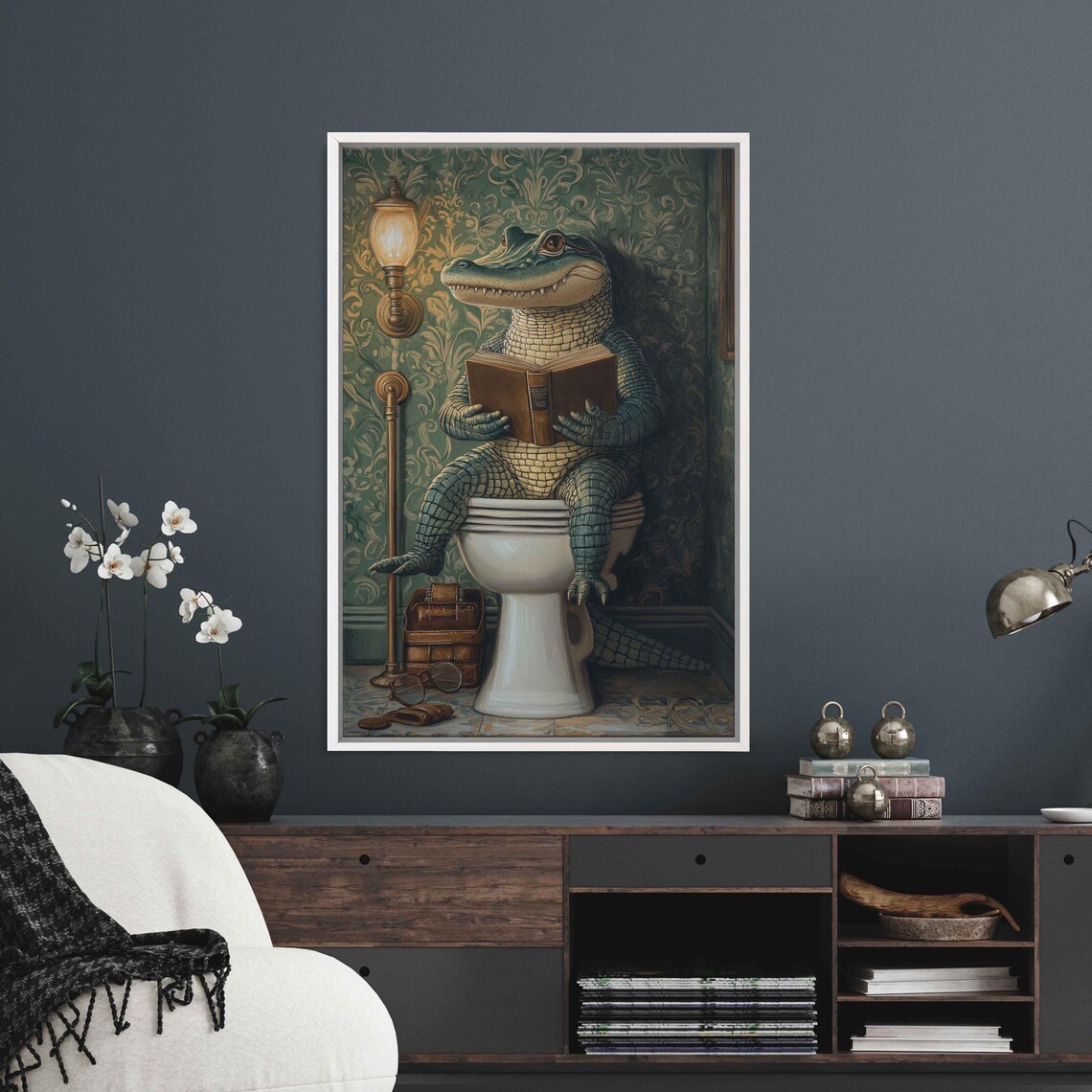 Whimsical Alligator Reading On Toilet Art Print