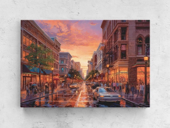 City Streets Painting At Sunset Wall Art Framed Print Ready To Hang Wet Reflective Streets