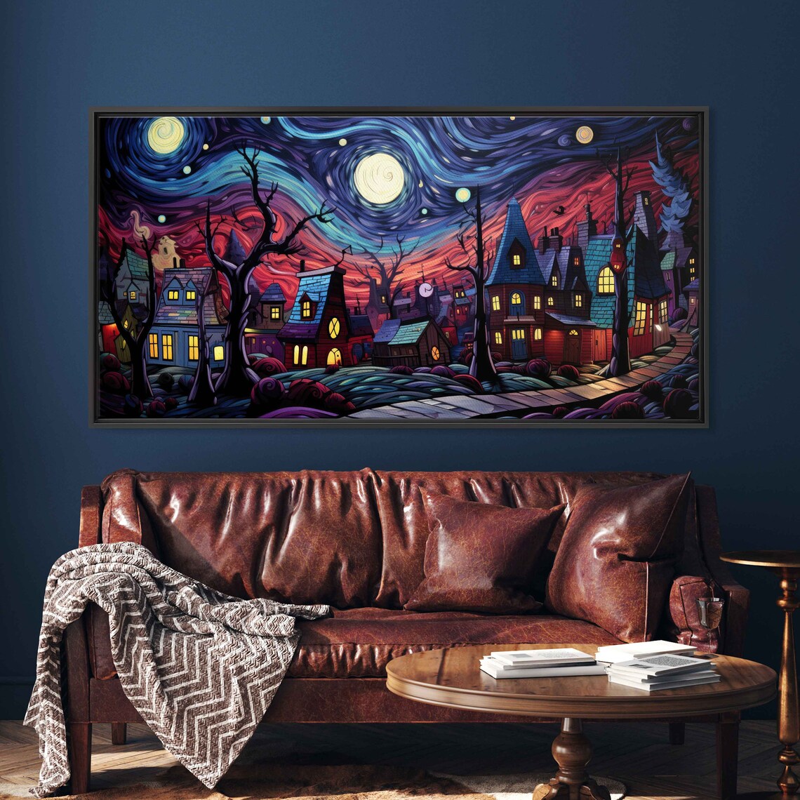 Starry Night Village Swirling Purple Sky Glowing Windows Fantasy Art Poster - Image 3