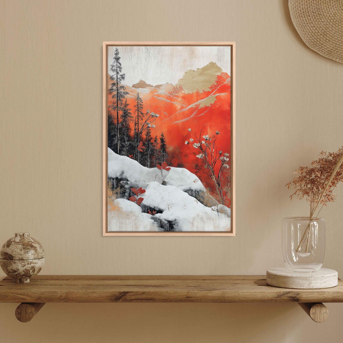 Surreal Red Snow Capped Mountain Landscape Gold Leaf Art Poster