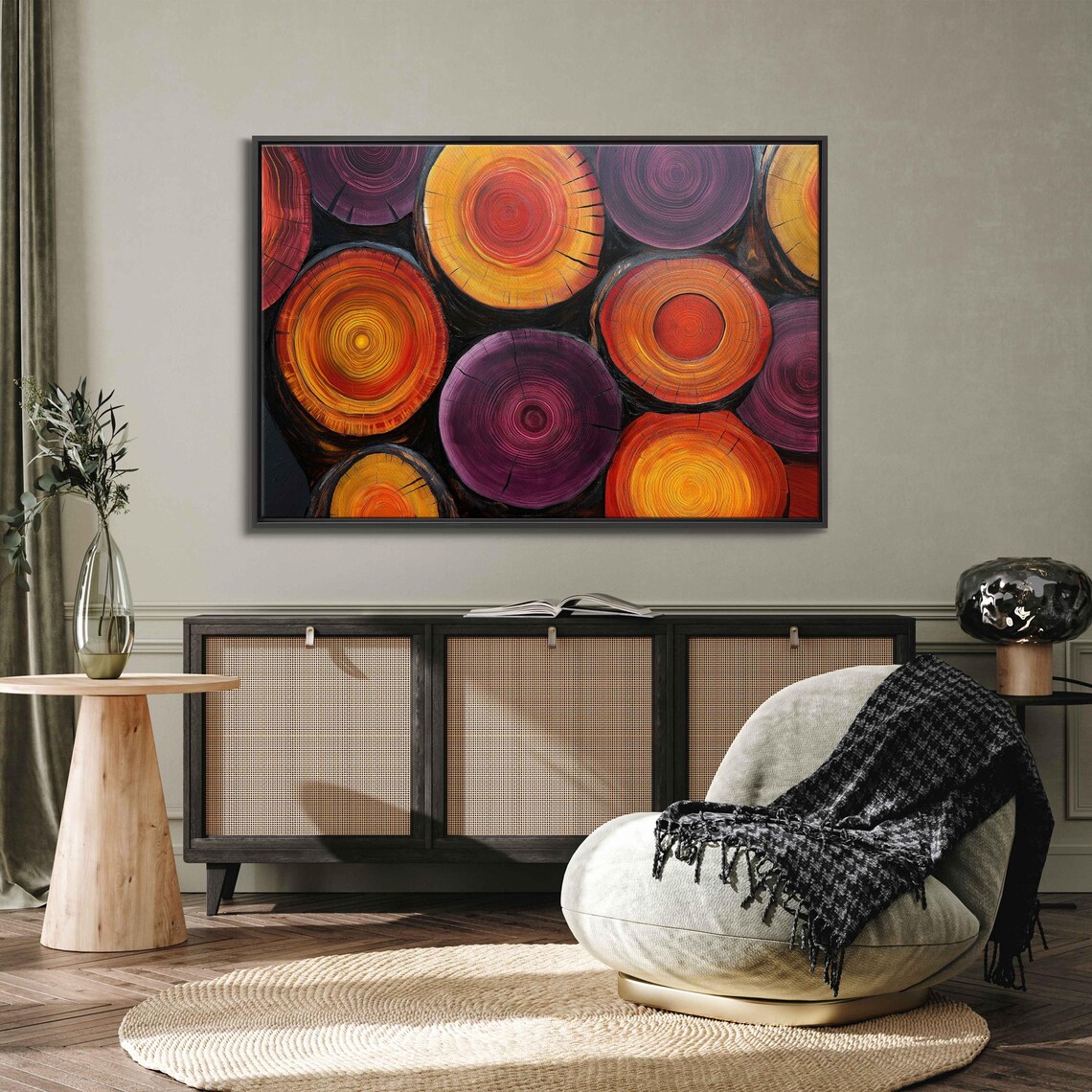 Vibrant Tree Rings Wall Art Print Red Orange Yellow Detailed Textures