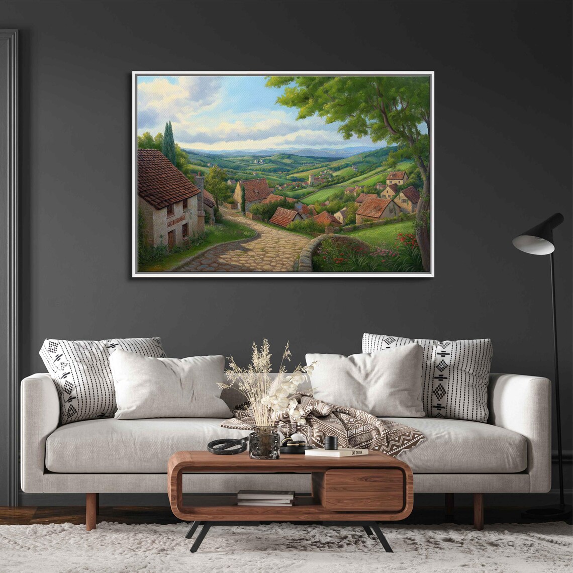 Quaint European Village Cobblestone Street Lush Green Valley Poster - Image 3