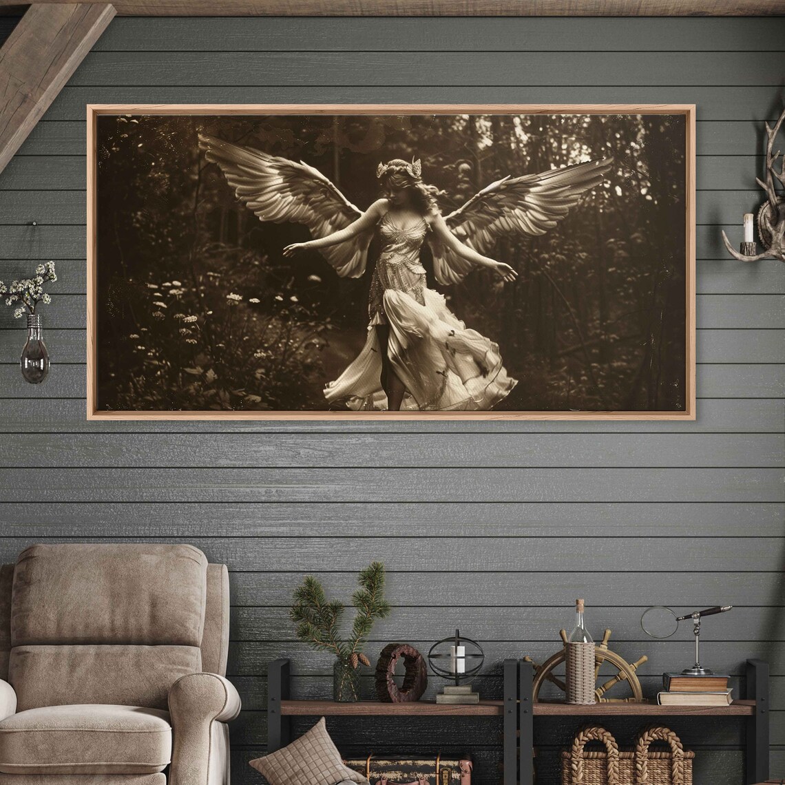 Angel With Majestic Wings And Flowing Dress In Forest Vintage Photo Wall Art Print Fairy Art Ready To Hang - Image 2
