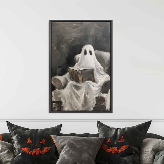Cute Ghost Reading Book In Armchair Black White Halloween Poster