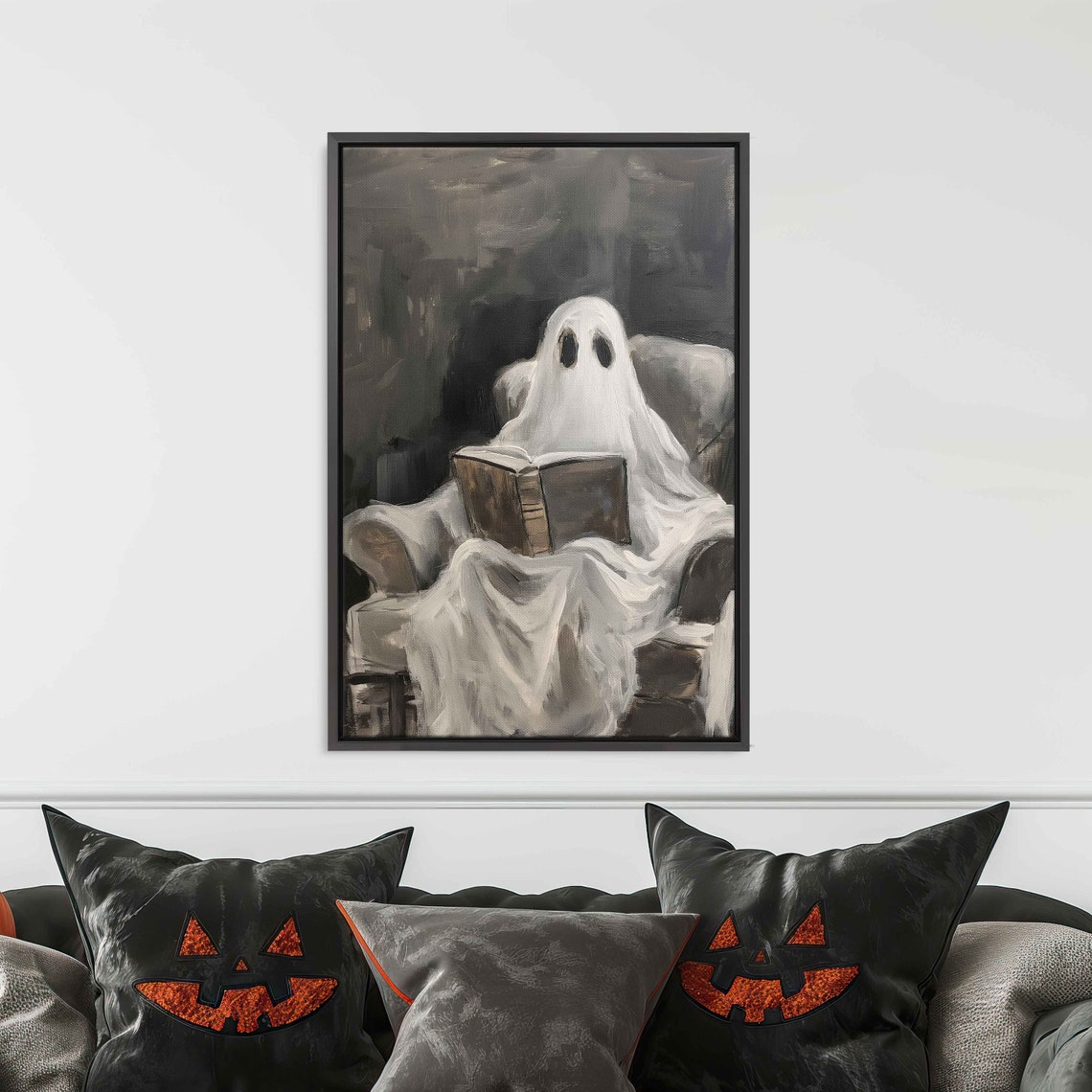 Cute Ghost Reading Book In Armchair Black White Halloween Poster