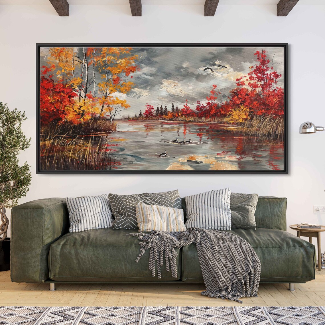 Tranquil Autumn Pond Ducks Swimming Fiery Foliage Lake Scene Poster - Image 3