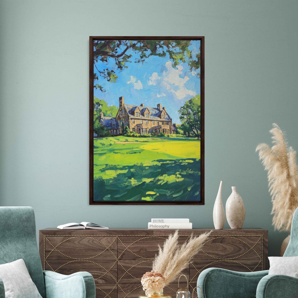 Historic Stone Clubhouse Over Manicured Lawn Sunny Day Golf Poster - Image 3