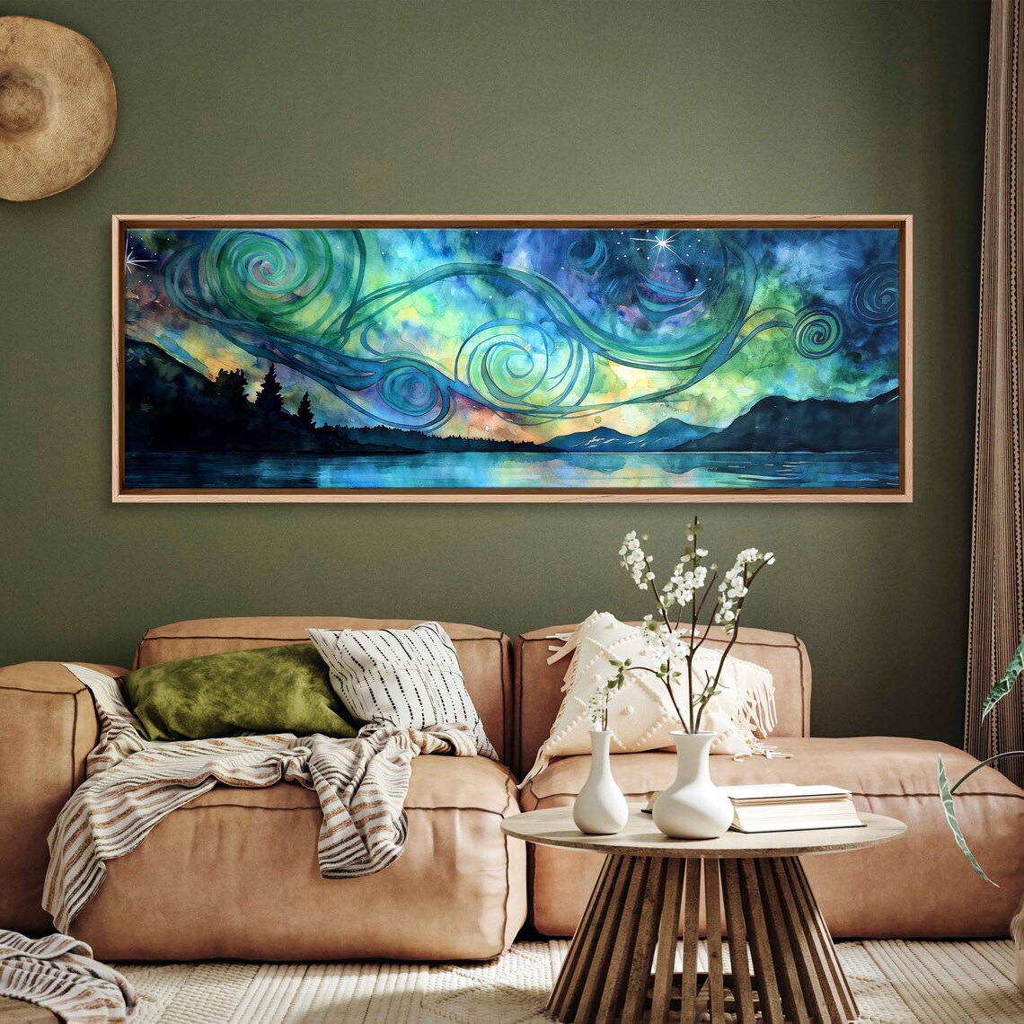 Watercolor Aurora Ribbons Flowing Over Mountain Lake Night Sky Wall Poster - Image 3