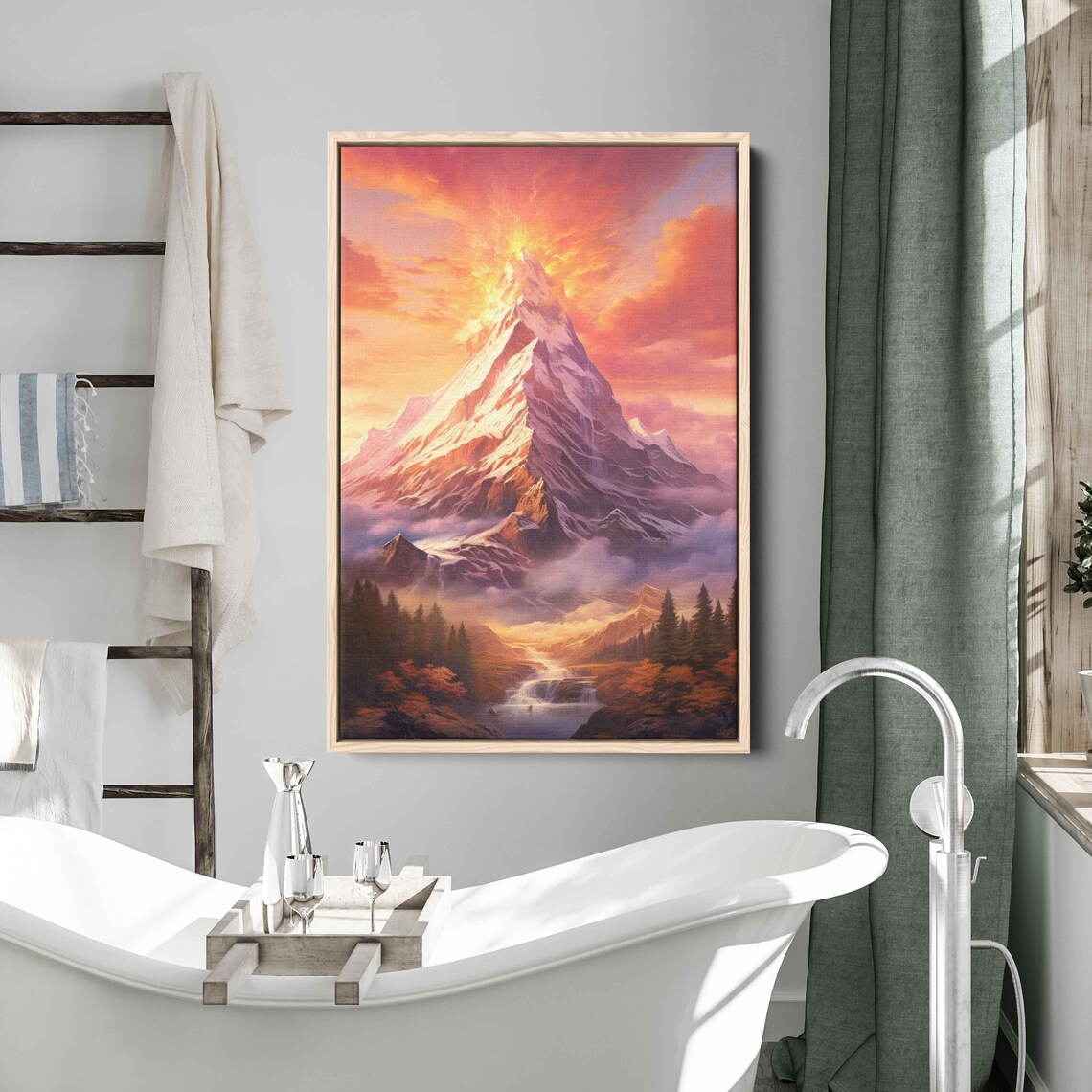 Pink Sunrise Mountain Wall Art Print Snowy Mountain Peak Cloudy Skies Forest Waterfall Ready To Hang - Image 3