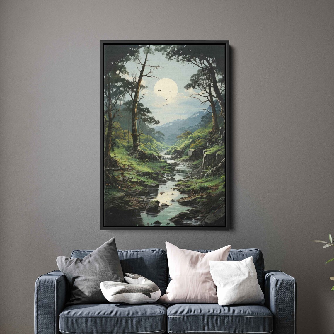 Sunlit Forest Stream Tranquil Nature Painting Framed Print Ready To Hang