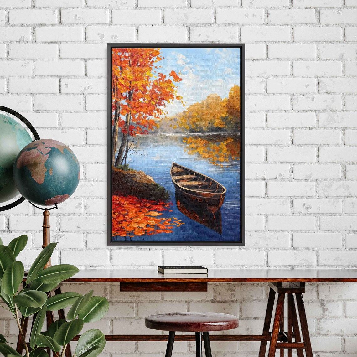 Wooden Canoe Floating On Calm Blue Autumn Lake Painting Poster - Image 3
