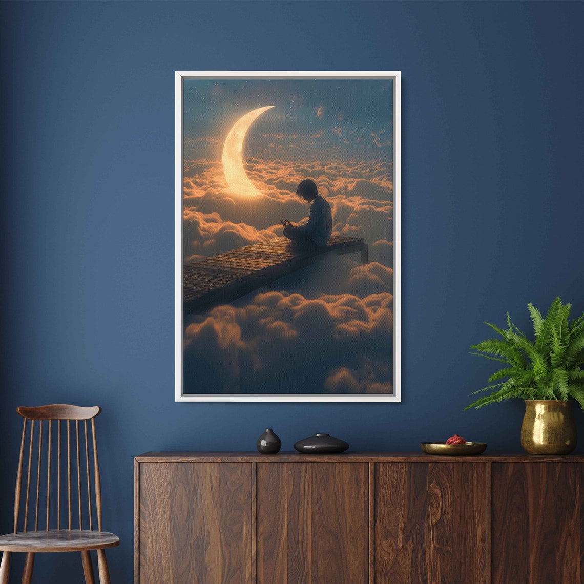 Man Sitting On Bridge With Crescent Moon Above Clouds Hyperrealism Photo Wall Art Print Impressionism Ready To Hang - Image 3