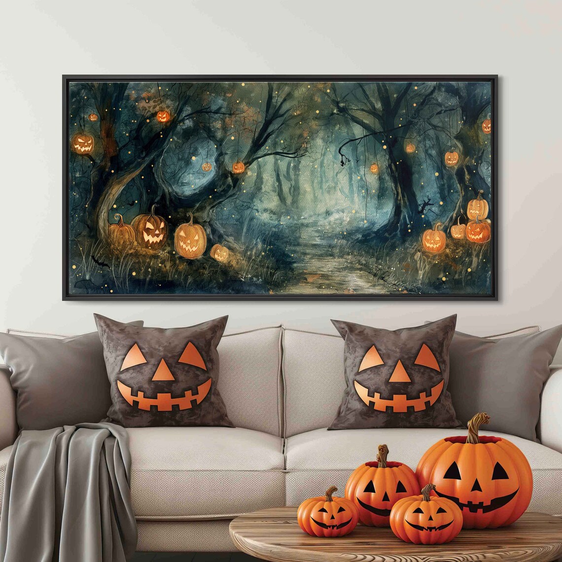 Enchanted Forest Hanging Jack O Lanterns Misty Night Path Halloween Print - Image 3